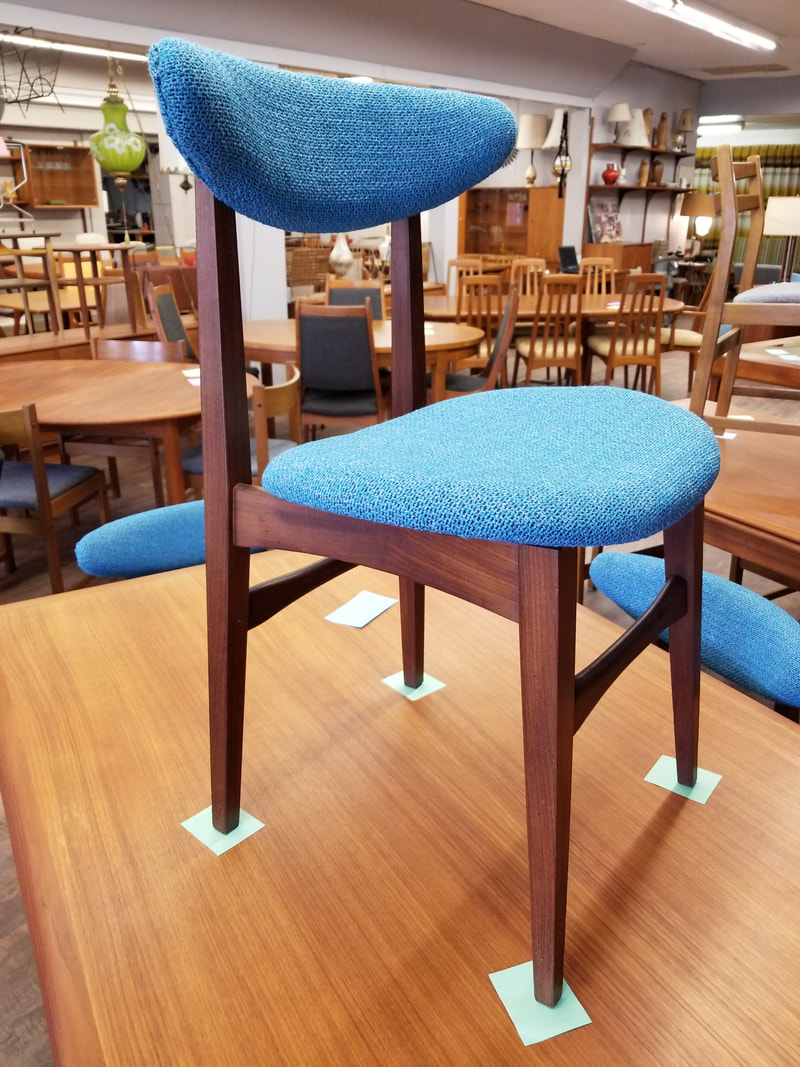 KAS furniture Quebec teak dining chairs with blue upholstery